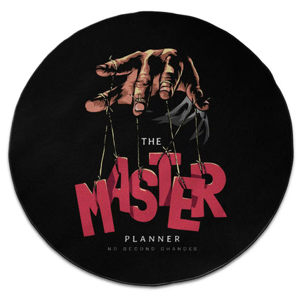 Master planner graphic round rug with Jet Black edge finish shown from above on white background