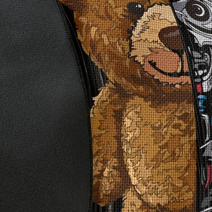 Close up of woven polyester material on Mechanical Teddy graphic round rug with Jet Black edge showing half teddy bear half robot artwork and print texture