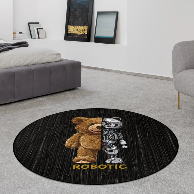 Mechanical Teddy graphic round rug with half teddy bear half robot artwork styled in a modern bedroom with Jet Black edge finish