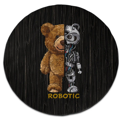 Mechanical Teddy graphic round rug with half teddy bear half robot artwork and Jet Black edge finish shown from above on white background