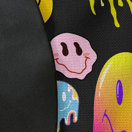 Close up of woven polyester material on Melted Mood graphic round rug with Jet Black edge showing colourful smiley artwork and print texture