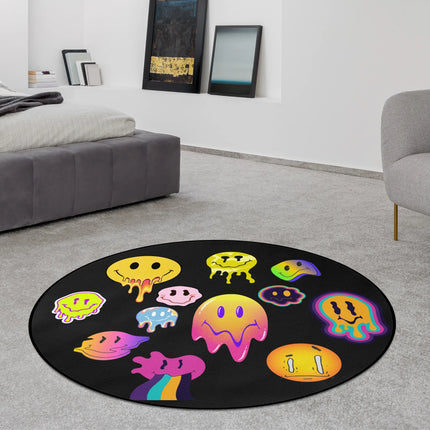 Melted Mood graphic round rug with colourful melting smiley artwork styled in a modern bedroom with Jet Black edge finish