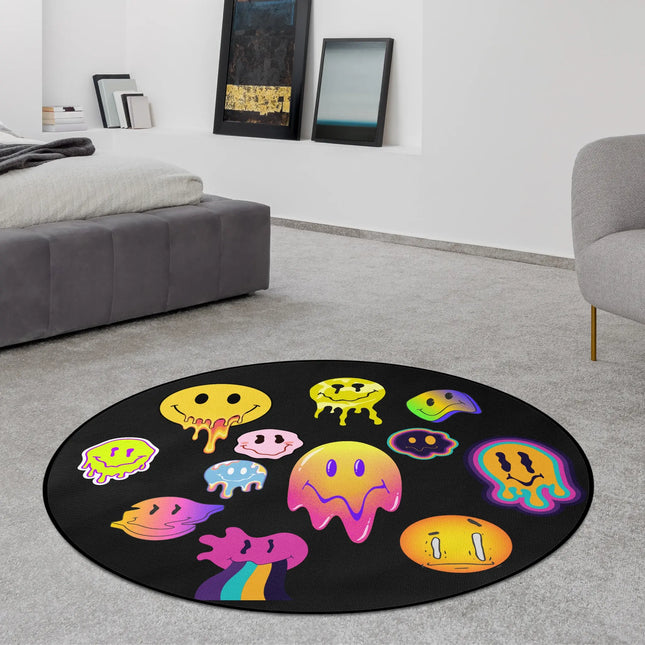 Melted Mood graphic round rug with colourful melting smiley artwork styled in a modern bedroom with Jet Black edge finish