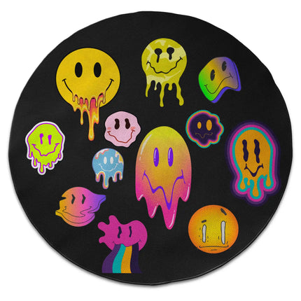 Melted Mood graphic round rug with Jet Black edge finish shown from above on white background