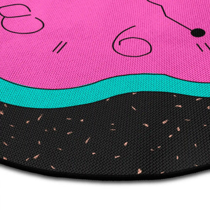 Close up of Melted Time graphic round rug with retro clock artwork showing Jet Black edge and woven polyester texture