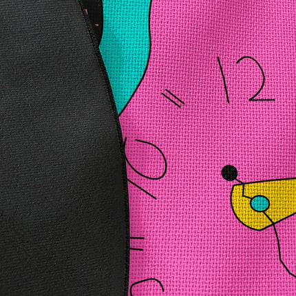 Close up of woven polyester material on Melted Time graphic round rug with Jet Black edge showing retro clock artwork and print texture