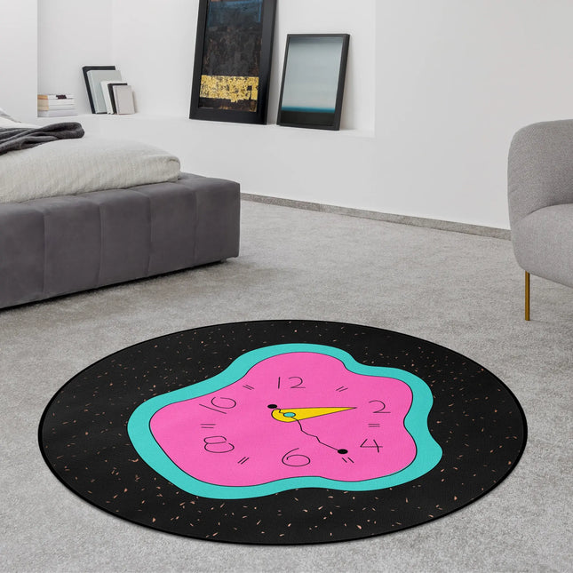 Melted Time graphic round rug with retro melting clock design styled in a modern bedroom with Jet Black edge finish