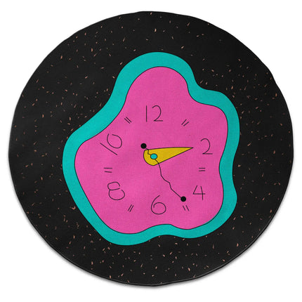 Melted Time graphic round rug with Jet Black edge finish shown from above on white background