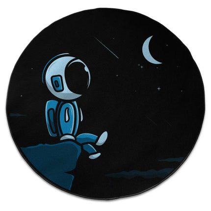 Midnight drifter graphic round rug with Jet Black edge finish shown from above on white background
