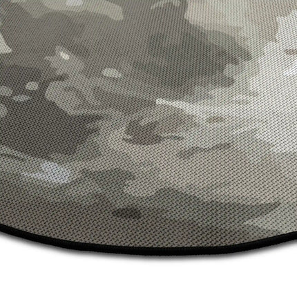 Close up of midnight moon round rug Jet Black edge showing woven polyester detail