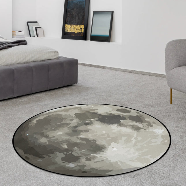 Midnight moon graphic round rug with detailed lunar surface artwork and realistic crater textures styled in a modern bedroom with Jet Black edge finish