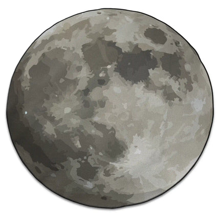 Midnight moon graphic round rug with Jet Black edge finish shown from above on white background