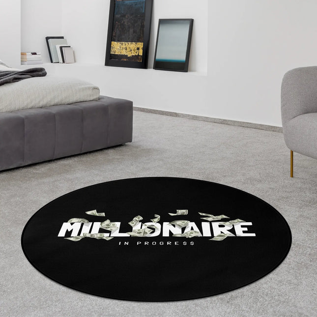 Black millionaire in progress graphic round rug styled in a modern bedroom with Jet Black edge finish