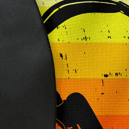 Close up of woven polyester material on music is life graphic round rug with Jet Black edge finish showing vintage print texture