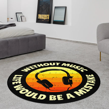 Black retro music graphic round rug with headphones and “Without Music Life Would Be A Mistake” text styled in a modern bedroom with Jet Black edge finish