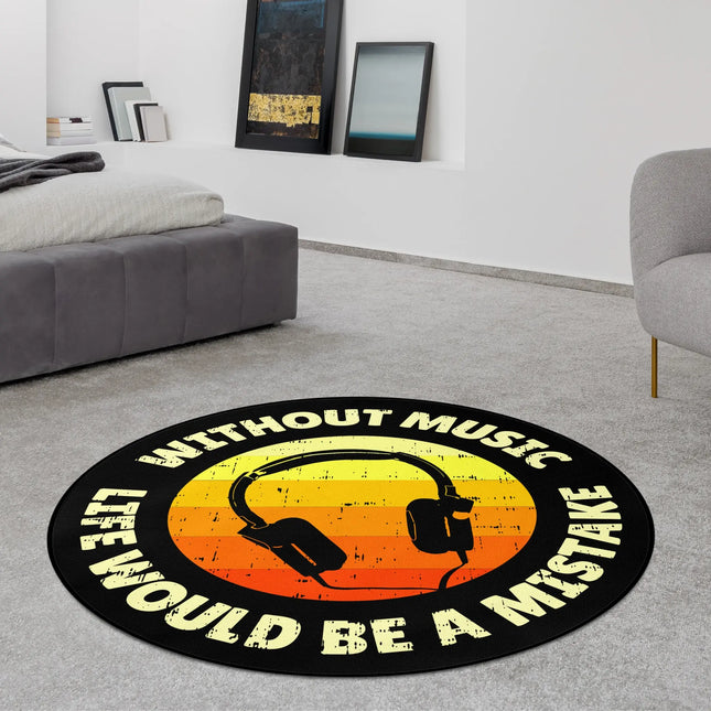 Black retro music graphic round rug with headphones and “Without Music Life Would Be A Mistake” text styled in a modern bedroom with Jet Black edge finish