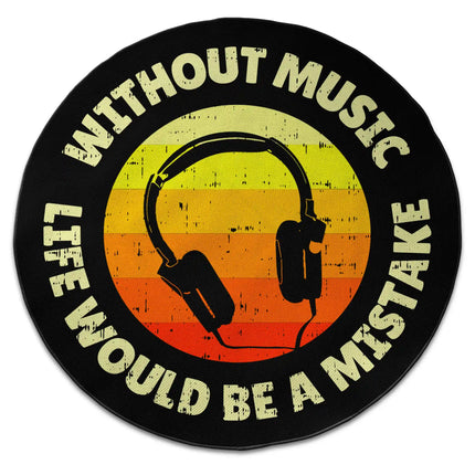Music is life graphic round rug with Jet Black edge finish shown from above on white background