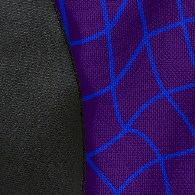 Close up of woven polyester material on Neon Drift abstract round rug with Jet Black edge showing neon wave grid artwork and print texture