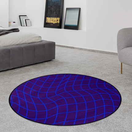 Neon Drift abstract round rug with neon wave grid artwork styled in a modern bedroom with Jet Black edge finish
