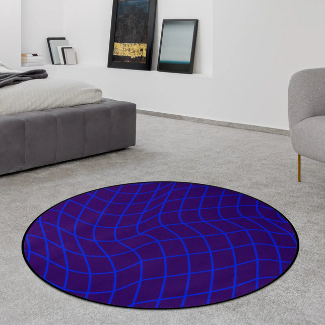 Neon Drift abstract round rug with neon wave grid artwork styled in a modern bedroom with Jet Black edge finish