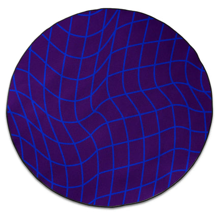 Neon Drift abstract round rug with neon wave grid artwork and Jet Black edge finish shown from above on white background