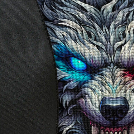 Close up of woven polyester material on Neon Wolf graphic round rug with Jet Black edge showing glowing cyber wolf artwork and print texture