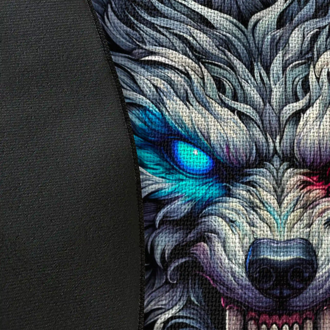 Close up of woven polyester material on Neon Wolf graphic round rug with Jet Black edge showing glowing cyber wolf artwork and print texture