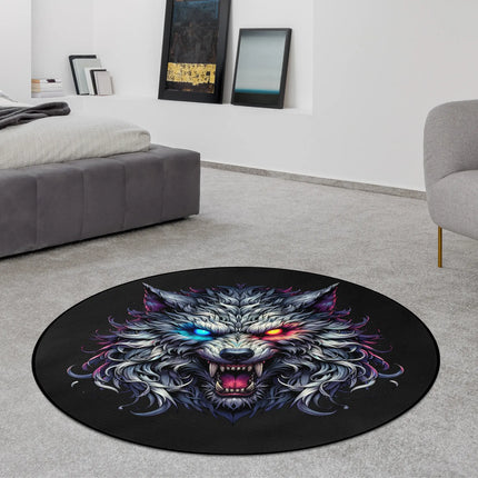 Neon Wolf graphic round rug with glowing cyber wolf artwork styled in a modern bedroom with Jet Black edge finish