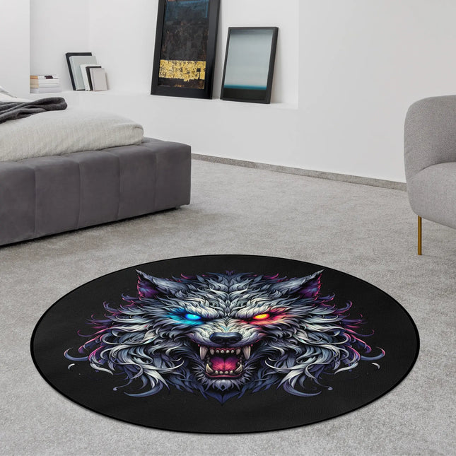 Neon Wolf graphic round rug with glowing cyber wolf artwork styled in a modern bedroom with Jet Black edge finish