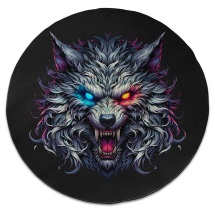 Neon Wolf graphic round rug with glowing cyber wolf artwork and Jet Black edge finish shown from above on white background