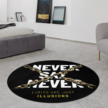 Black never say never graphic round rug with gold chain design and bold typography styled in a modern bedroom with Jet Black edge finish