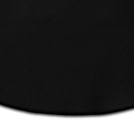 Close up of number 8 ball round rug Jet Black edge showing woven polyester detail