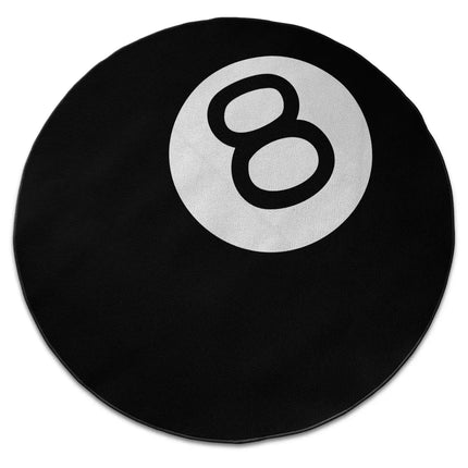 Number 8 ball graphic round rug with Jet Black edge finish shown from above on white background