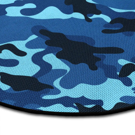 Close up of ocean camo round rug Jet Black edge showing woven polyester detail