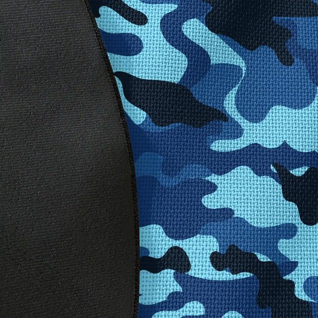 Close up of woven polyester material on ocean camo graphic round rug with Jet Black edge finish showing blue camouflage print detail