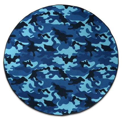 Ocean camo graphic round rug with Jet Black edge finish shown from above on white background