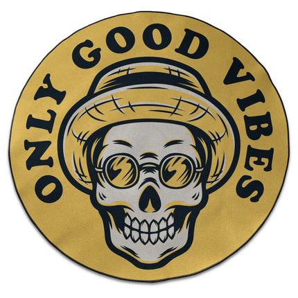 Only good vibes graphic round rug with Jet Black edge finish shown from above on white background