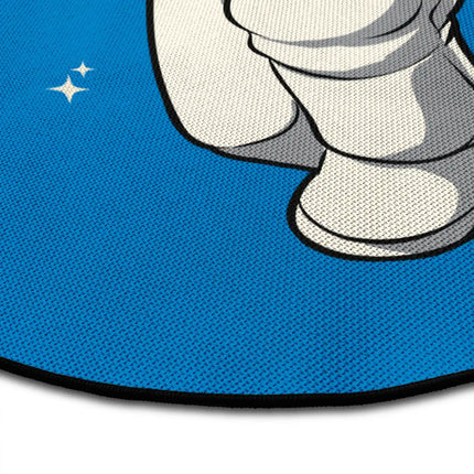 Close up of orbit drifter round rug Jet Black edge showing woven polyester detail