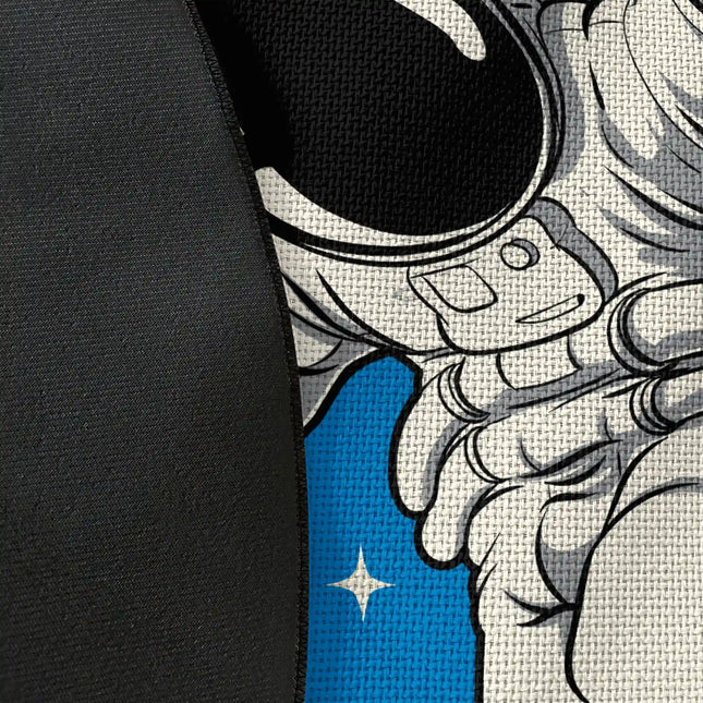 Close up of woven polyester material on orbit drifter graphic round rug with Jet Black edge finish showing astronaut and star print detail