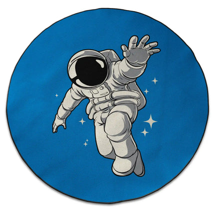 Orbit drifter graphic round rug with Jet Black edge finish shown from above on white background