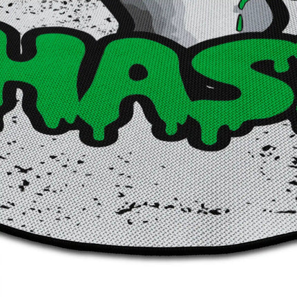 Close up of Paper Chaser graphic round rug with stacked cash artwork showing Jet Black edge and woven polyester texture