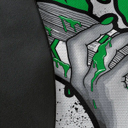 Close up of woven polyester material on Paper Chaser graphic round rug with Jet Black edge showing stacked cash artwork and print texture