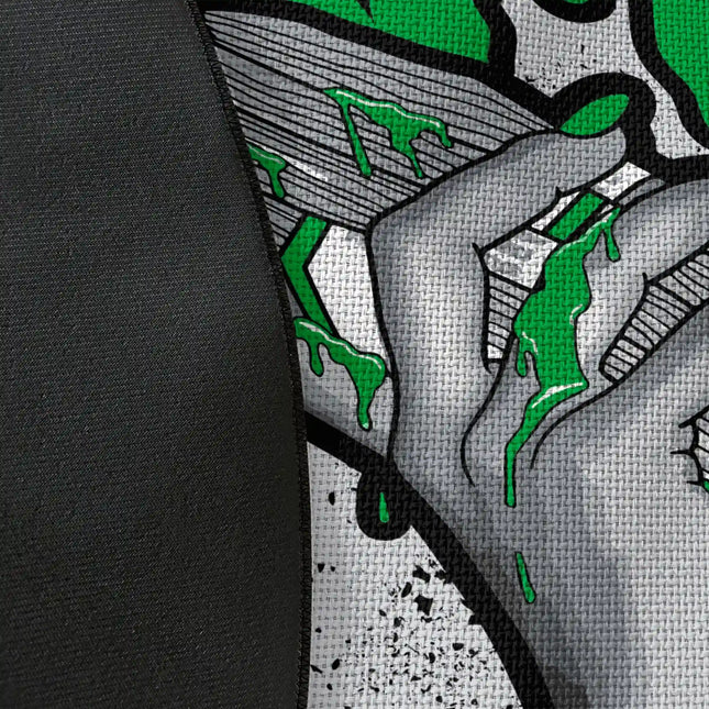 Close up of woven polyester material on Paper Chaser graphic round rug with Jet Black edge showing stacked cash artwork and print texture