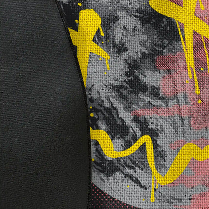 Close up of woven polyester material on phenomena graphic round rug with Jet Black edge finish showing moon face and graffiti print detail