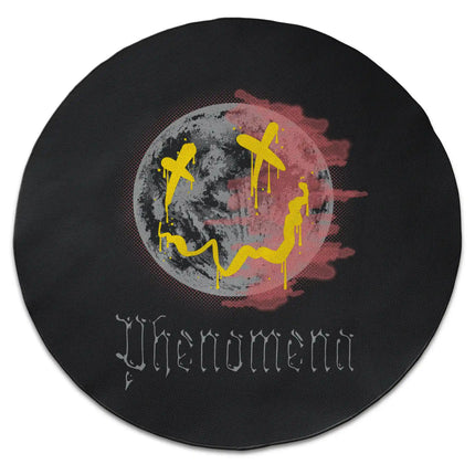 Phenomena graphic round rug with Jet Black edge finish shown from above on white background