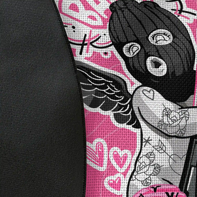 Close up of woven polyester material on Pink Bandit graphic round rug with Jet Black edge showing masked cupid artwork and print texture