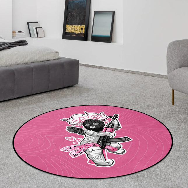 Pink Bandit graphic round rug with masked cupid artwork styled in a modern bedroom with Jet Black edge finish