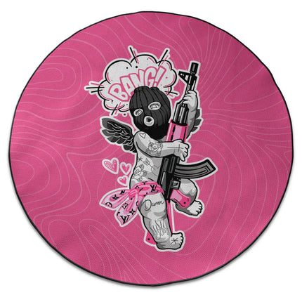 Pink Bandit graphic round rug with masked cupid artwork and Jet Black edge finish shown from above on white background