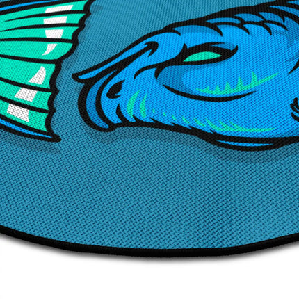 Close up of pisces zodiac graphic round rug Jet Black edge showing woven polyester detail