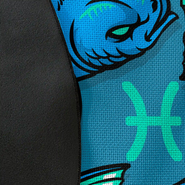 Close up of woven polyester material on pisces zodiac graphic round rug with Jet Black edge finish showing print texture